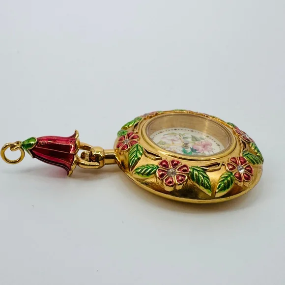 The Franklin Mint Gold & Pink Floral Pendant Hummingbird Watch - Picture 6 of 6